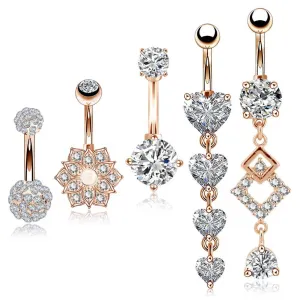 14G Rose Gold Stainless Steel Clear CZ Belly Button Rings Set