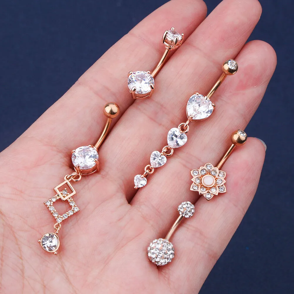 14G Rose Gold Stainless Steel Clear CZ Belly Button Rings Set