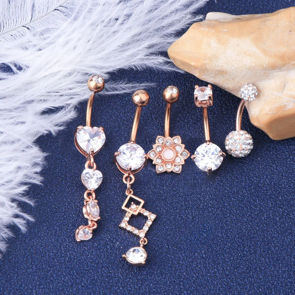 14G Rose Gold Stainless Steel Clear CZ Belly Button Rings Set