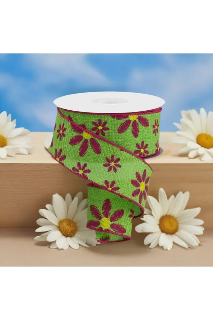 1.5" Embroidered Daisy Ribbon: Lime Green (10 Yards)