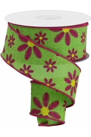 1.5" Embroidered Daisy Ribbon: Lime Green (10 Yards)