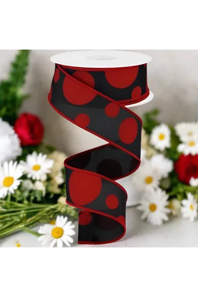 1.5" Giant Three Size Polka Dot Ribbon: Black & Red (10 Yards)