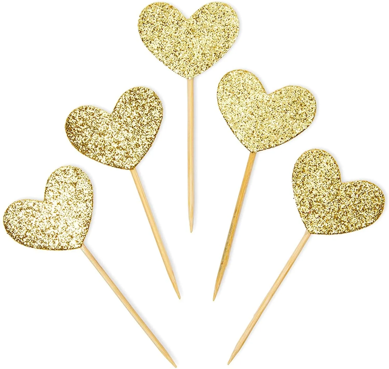 200 Pack Glitter Heart Cake Topper for Valentines, Gold Heart Decorations for Cupcakes (3.2 Inches)