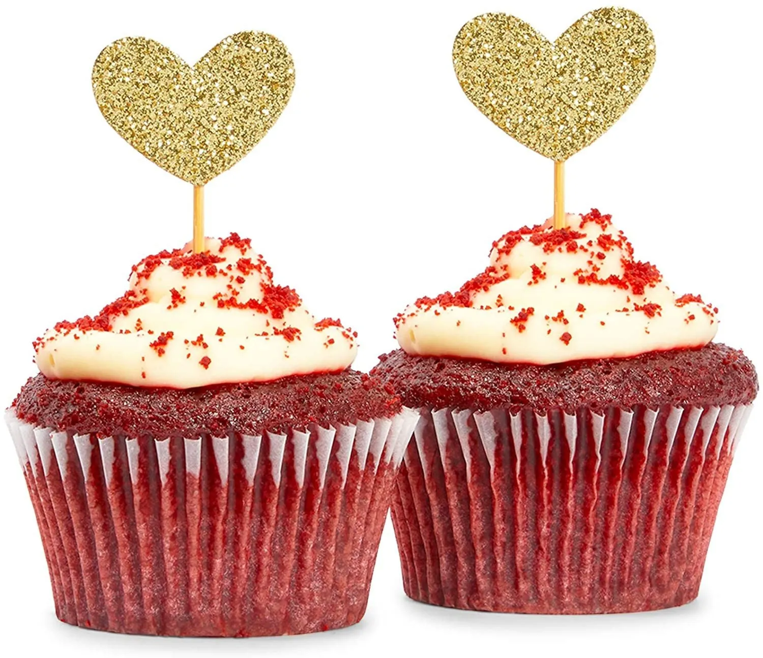 200 Pack Glitter Heart Cake Topper for Valentines, Gold Heart Decorations for Cupcakes (3.2 Inches)