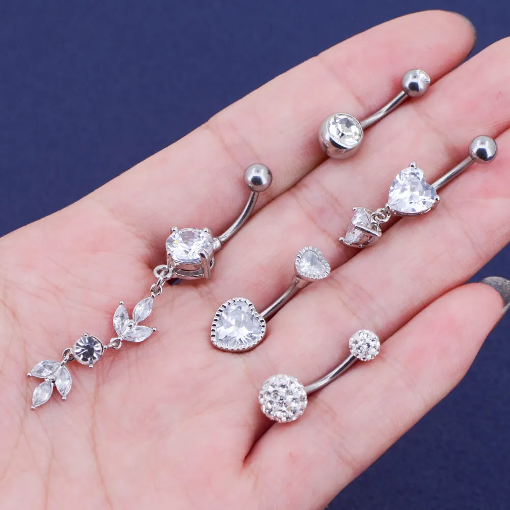 5Pcs 14G Crystal CZ Dangle  Belly Rings Pack