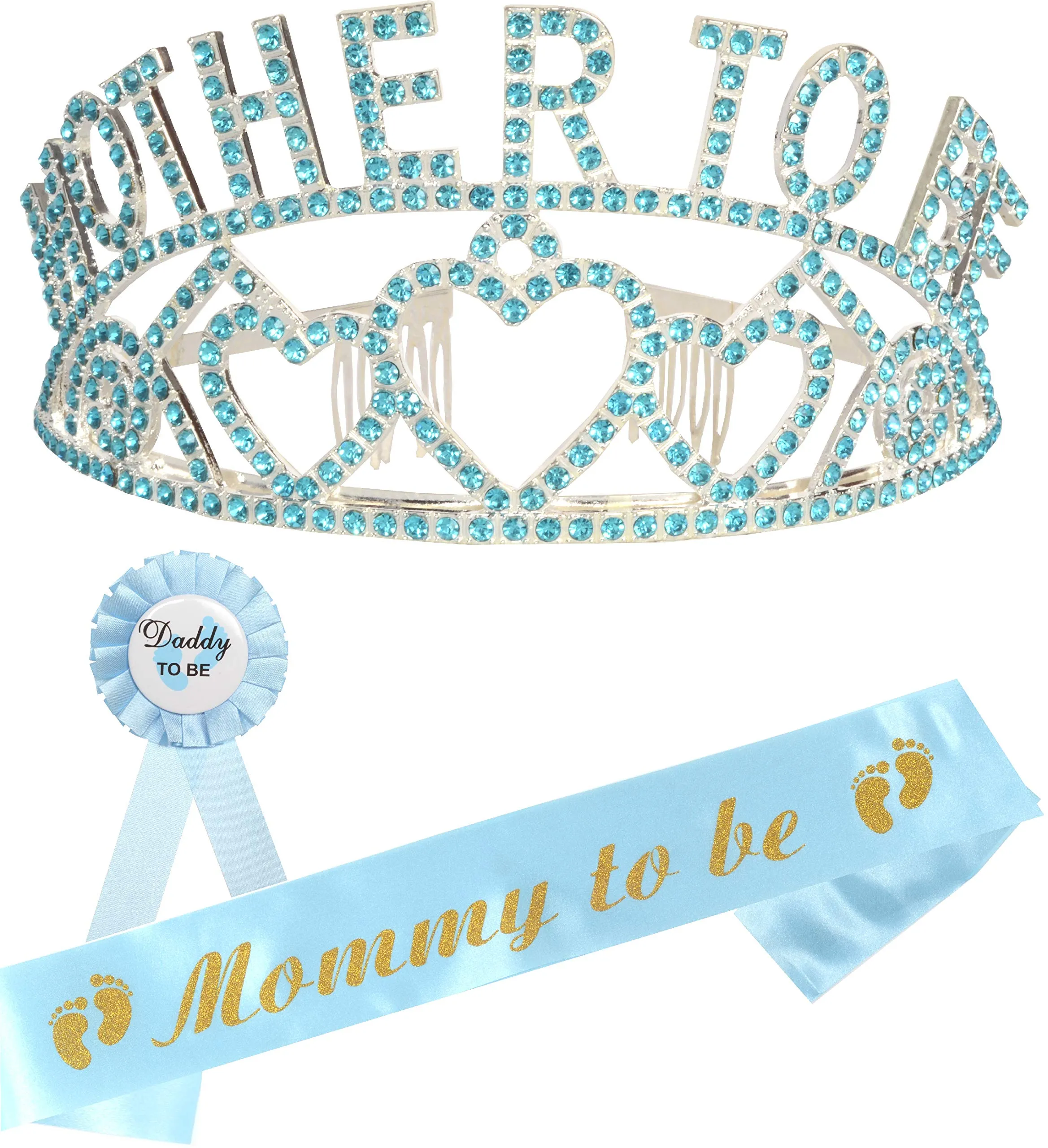 Baby Shower Decoration for Boy, Mom to Be Tiara, Mom to Be Sash, Dad to Be Pin, Baby