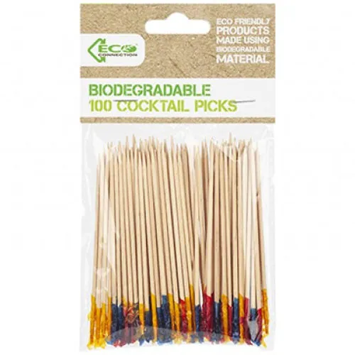 Bamboo Cocktail Picks With Colour Tips - 100 Pack Skewers Party Drinks Canapes Barbecue