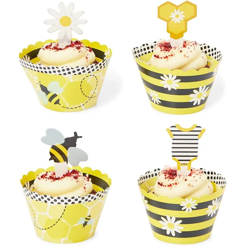 Bee Cupcake Toppers and Wrappers, Gender Reveal Party Supplies (104 Pieces)