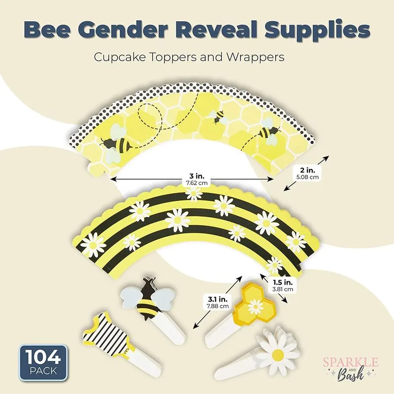 Bee Cupcake Toppers and Wrappers, Gender Reveal Party Supplies (104 Pieces)