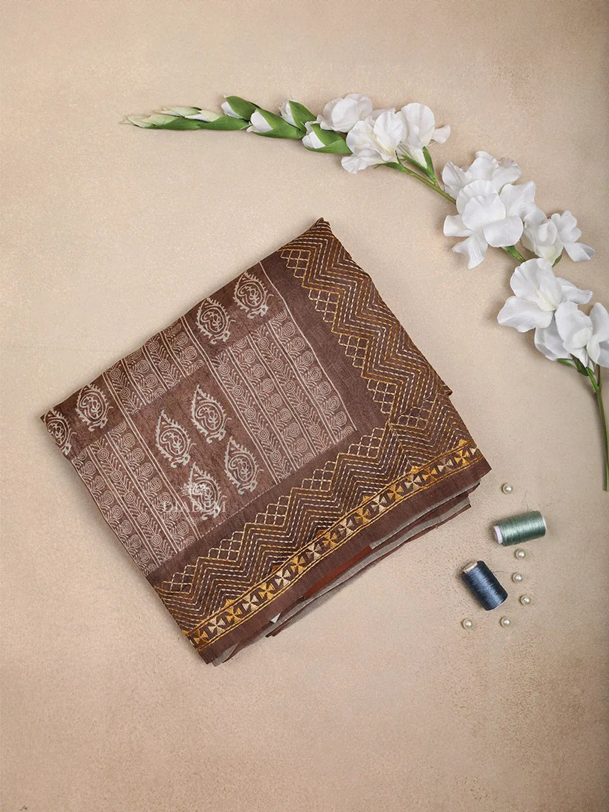 Brown Semi Tussar Silk Saree with Paisley and Geometric Design on the Body with Designed Border