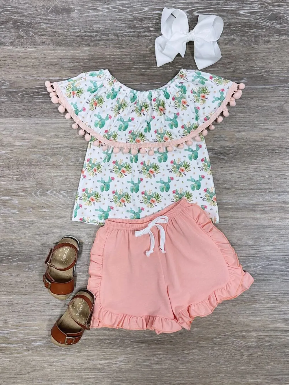 Cactus Life Girls Peach Ruffle Shorts Outfit