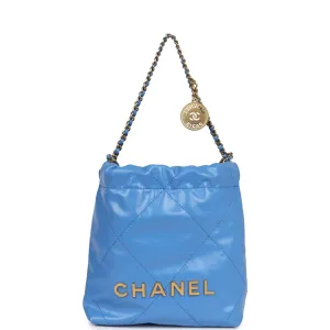 Chanel Mini 22 Bag Blue Shiny Aged Calfskin Gold Hardware