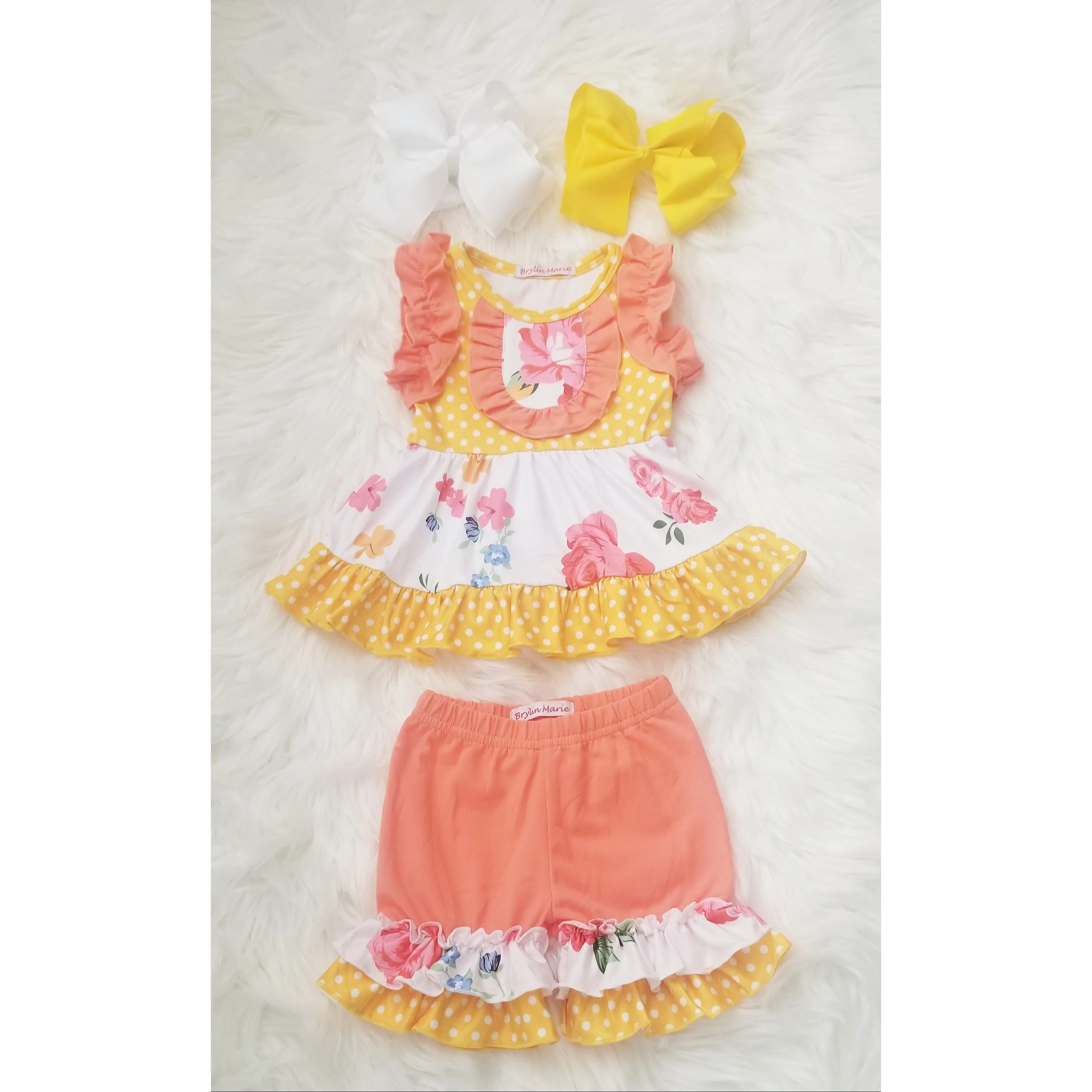 Coral & Yellow Flower Ruffle Shorts Set