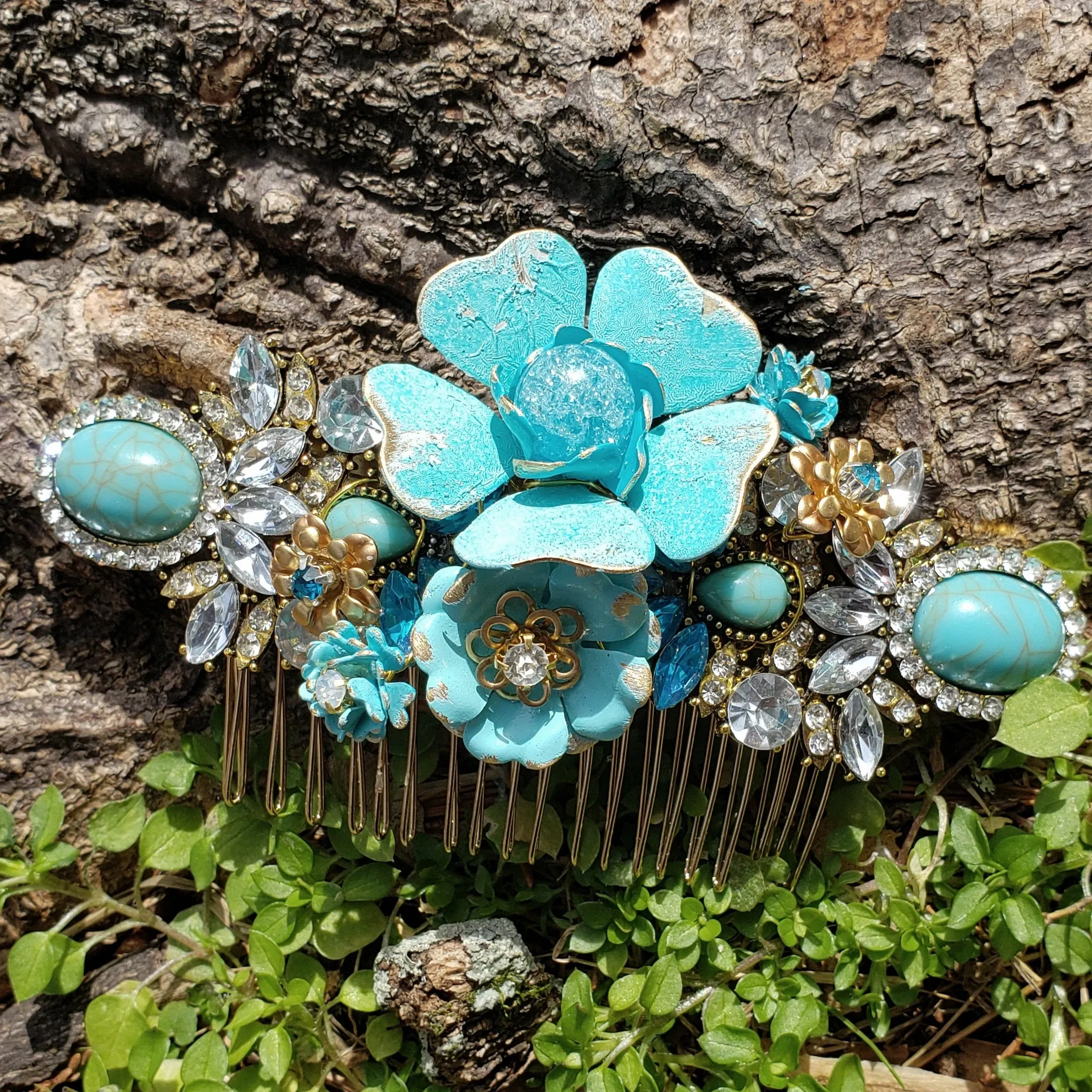 Distressed Blue and Gold Bridal Comb Enamel Flower Rhinestone Hair Piece ACC56