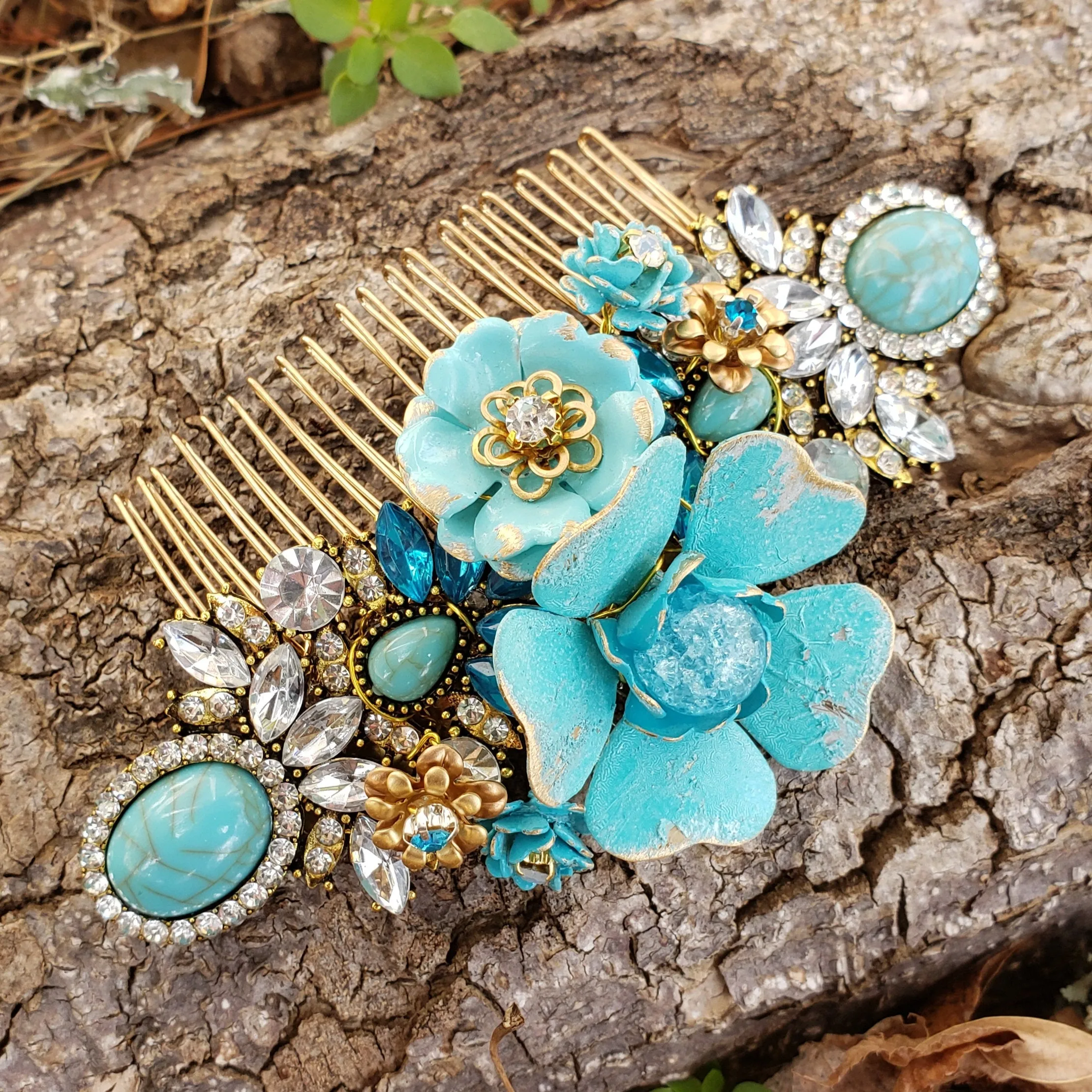 Distressed Blue and Gold Bridal Comb Enamel Flower Rhinestone Hair Piece ACC56