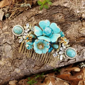 Distressed Blue and Gold Bridal Comb Enamel Flower Rhinestone Hair Piece ACC56