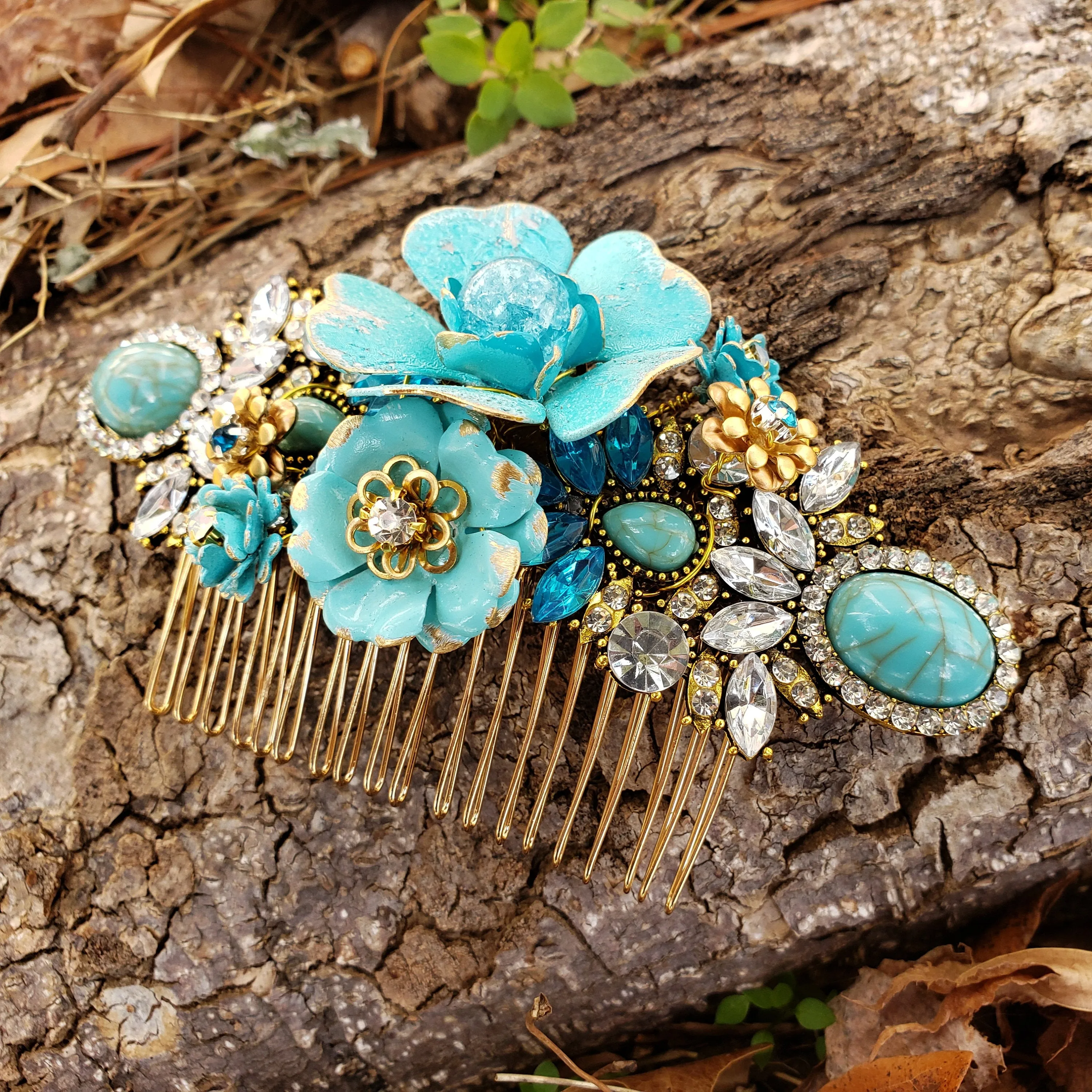 Distressed Blue and Gold Bridal Comb Enamel Flower Rhinestone Hair Piece ACC56