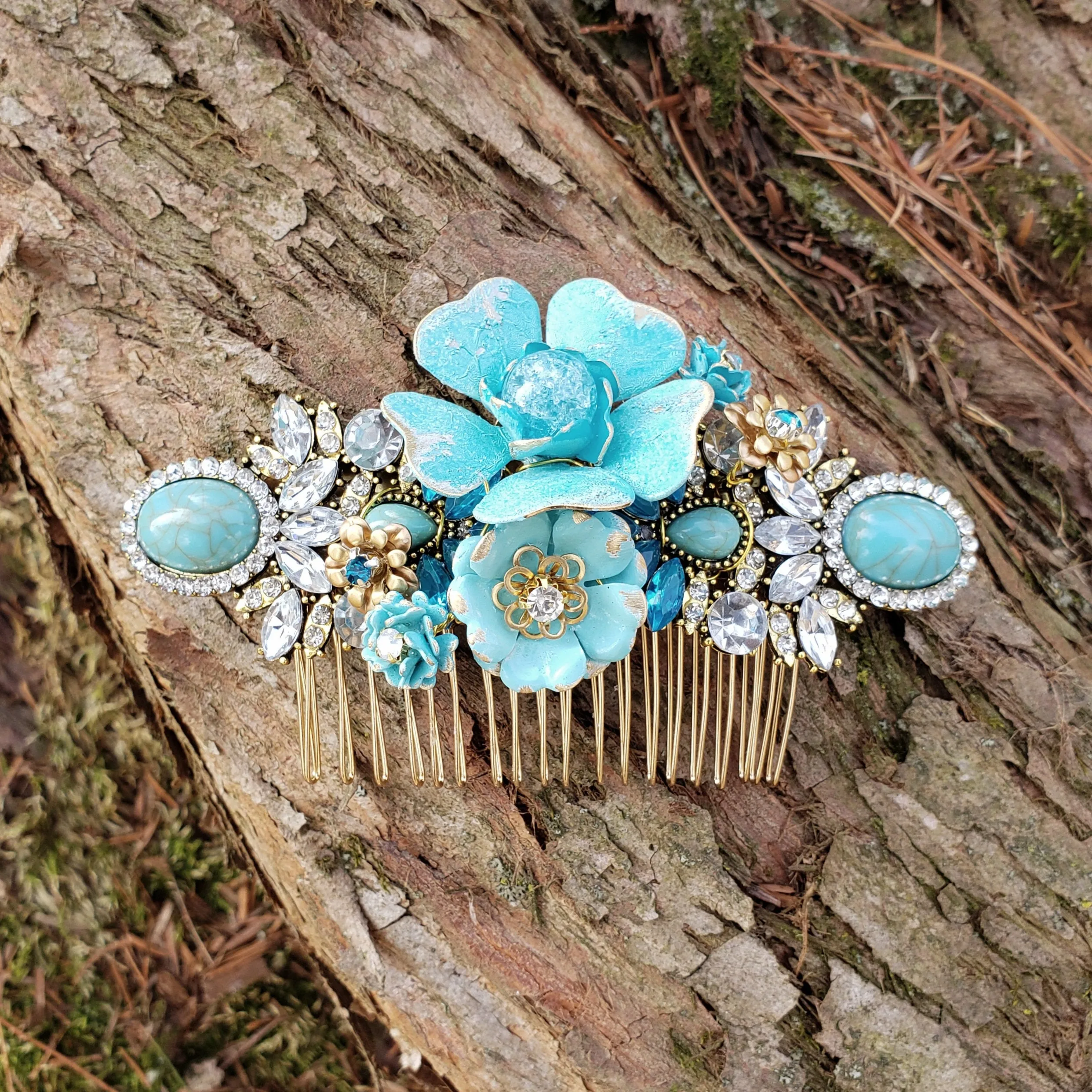 Distressed Blue and Gold Bridal Comb Enamel Flower Rhinestone Hair Piece ACC56