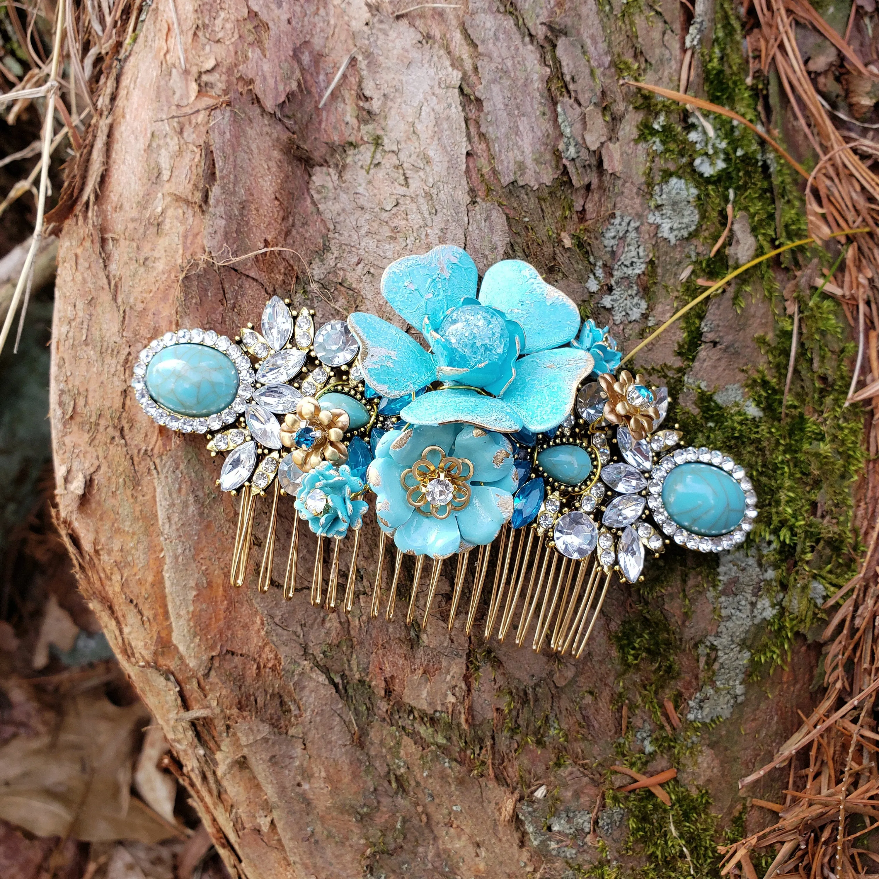 Distressed Blue and Gold Bridal Comb Enamel Flower Rhinestone Hair Piece ACC56