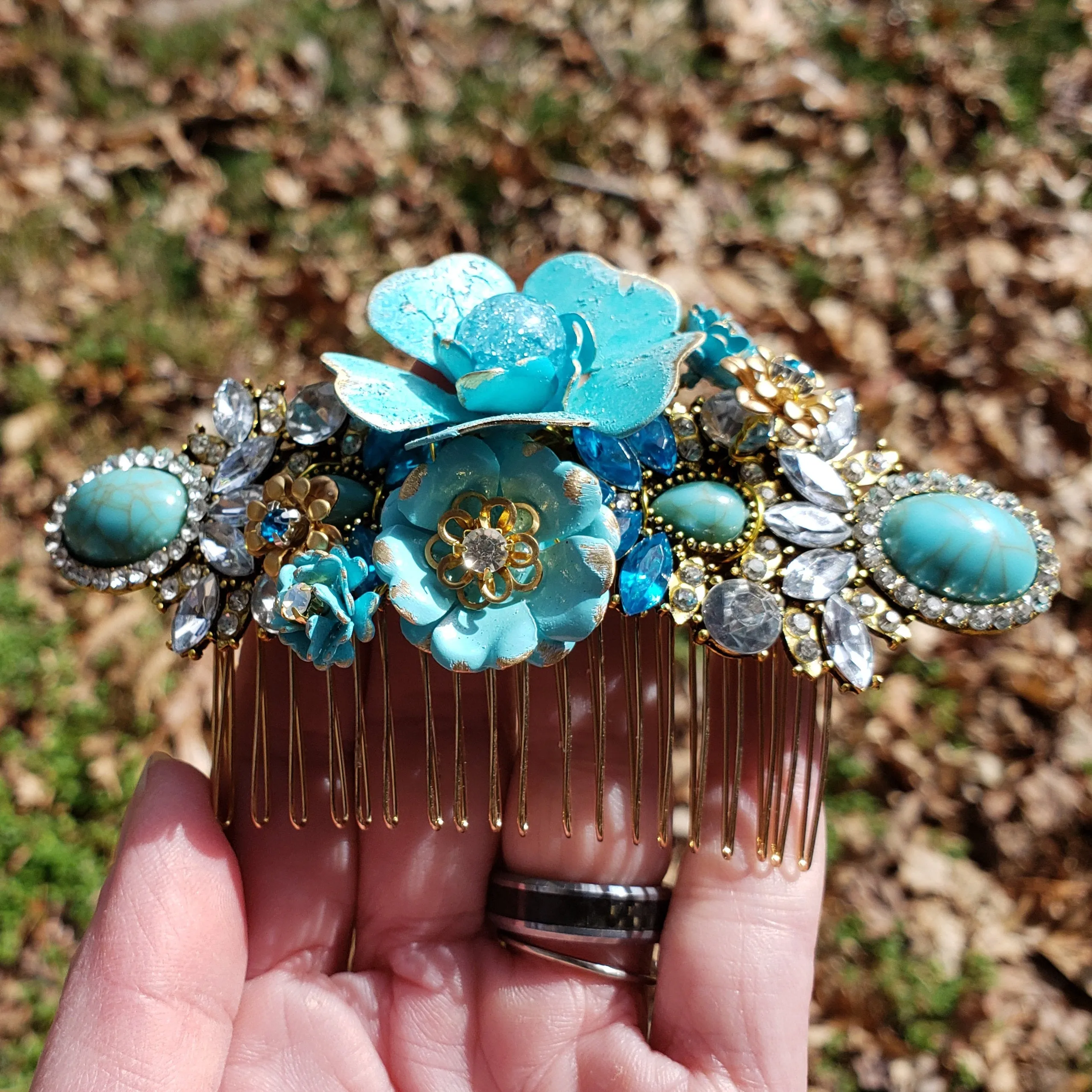 Distressed Blue and Gold Bridal Comb Enamel Flower Rhinestone Hair Piece ACC56