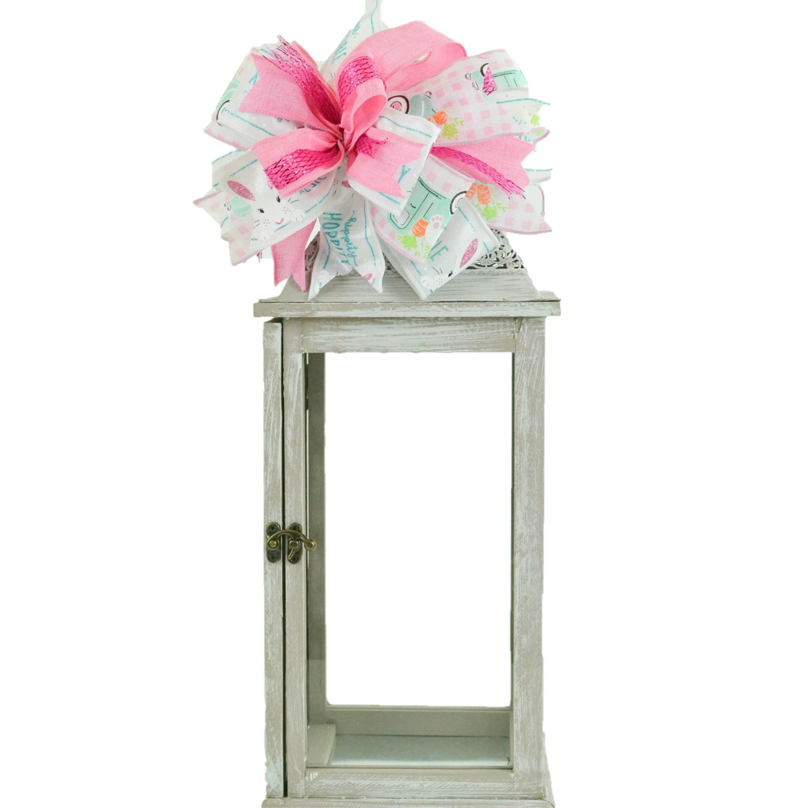 Easter Bunny Plaid Pink Turquoise Truck Lantern Wreath Bow - Burlap Wreath Embellishment for Making Your Own - Layered Full Handmade Farmhouse Already Made