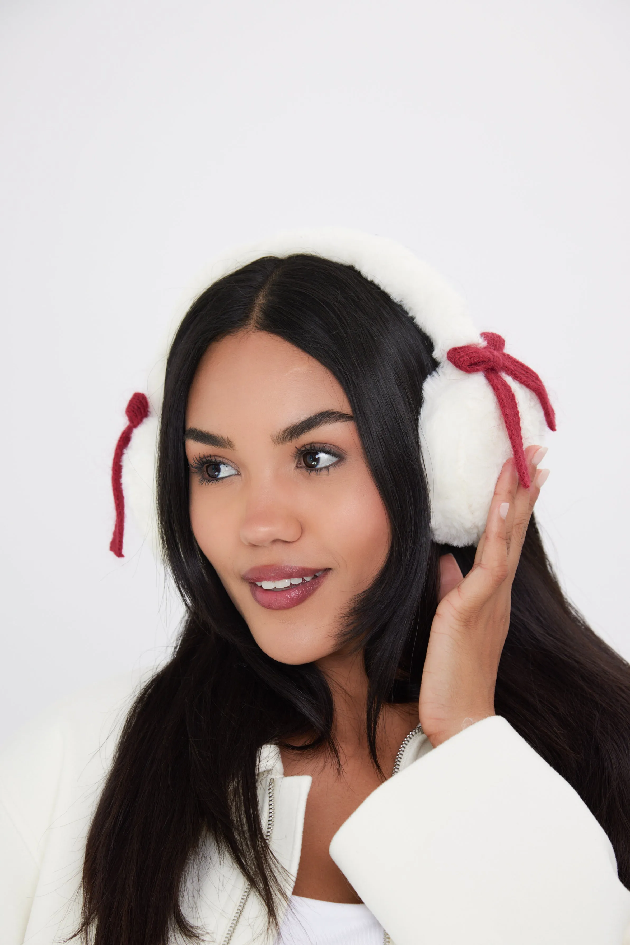 Fluffy Faux-Fur Earmuffs with Bows in Cream