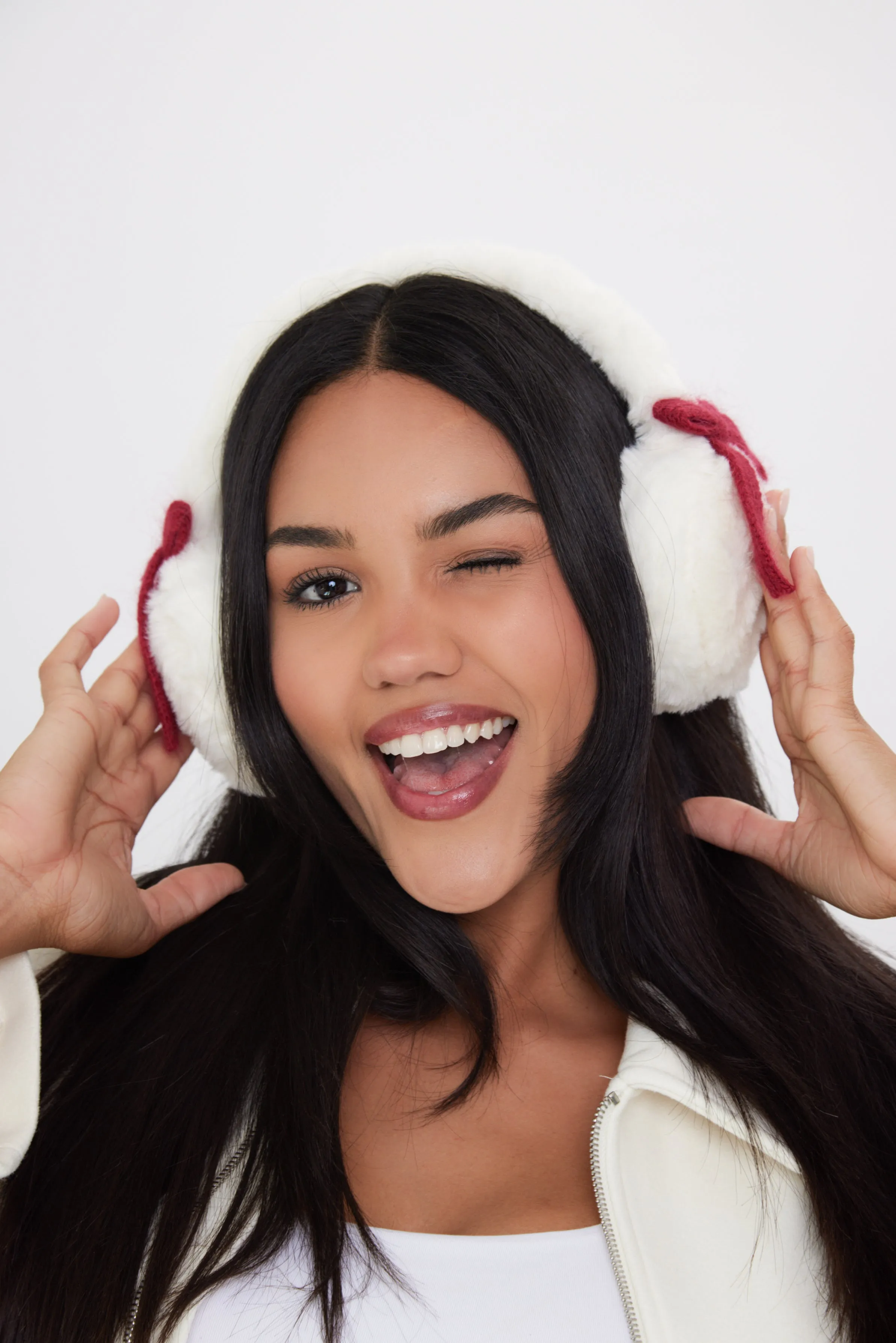 Fluffy Faux-Fur Earmuffs with Bows in Cream