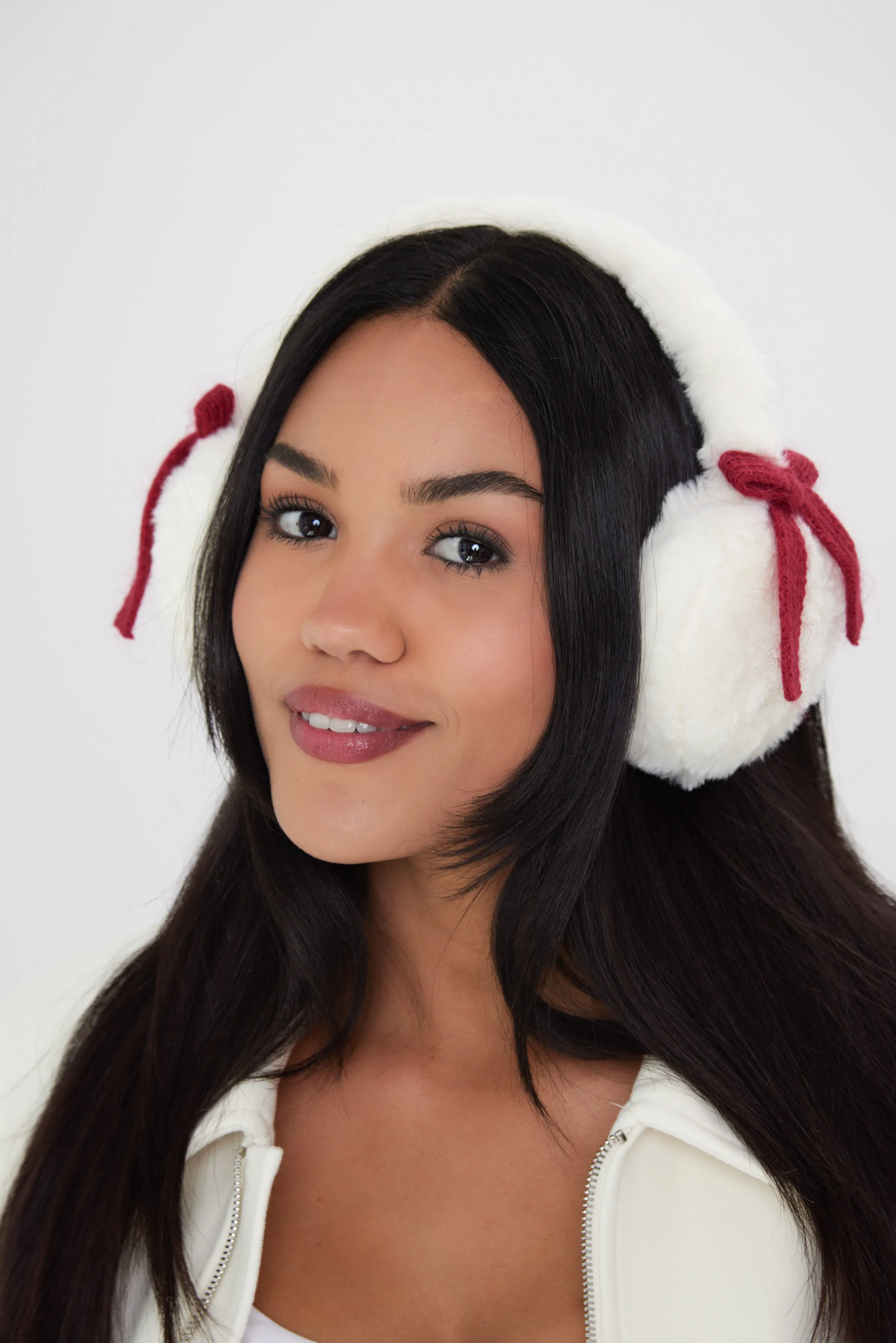 Fluffy Faux-Fur Earmuffs with Bows in Cream