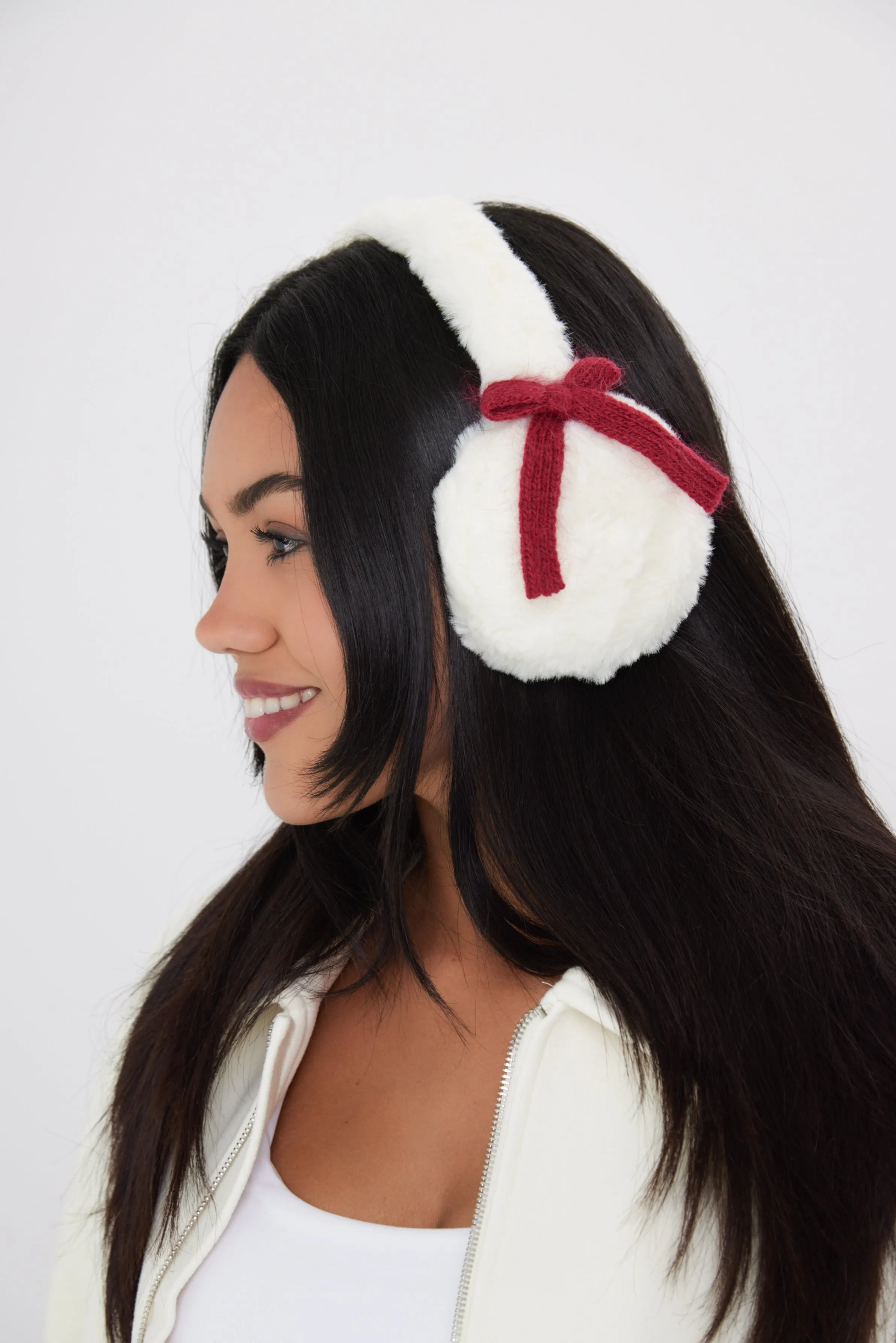 Fluffy Faux-Fur Earmuffs with Bows in Cream