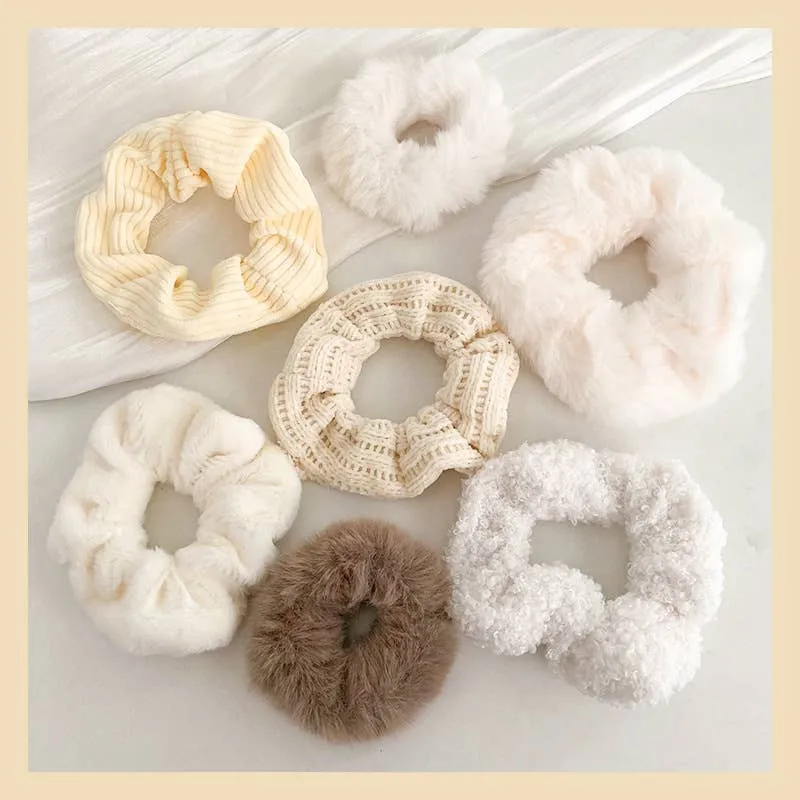 Furry Hair Ties Elastic Scrunchies 7 Piece Set