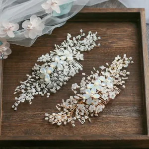 Gold Silver Floral Hair Comb  Tiny Beaded Wedding Hair Accessories Hand wired Bridal