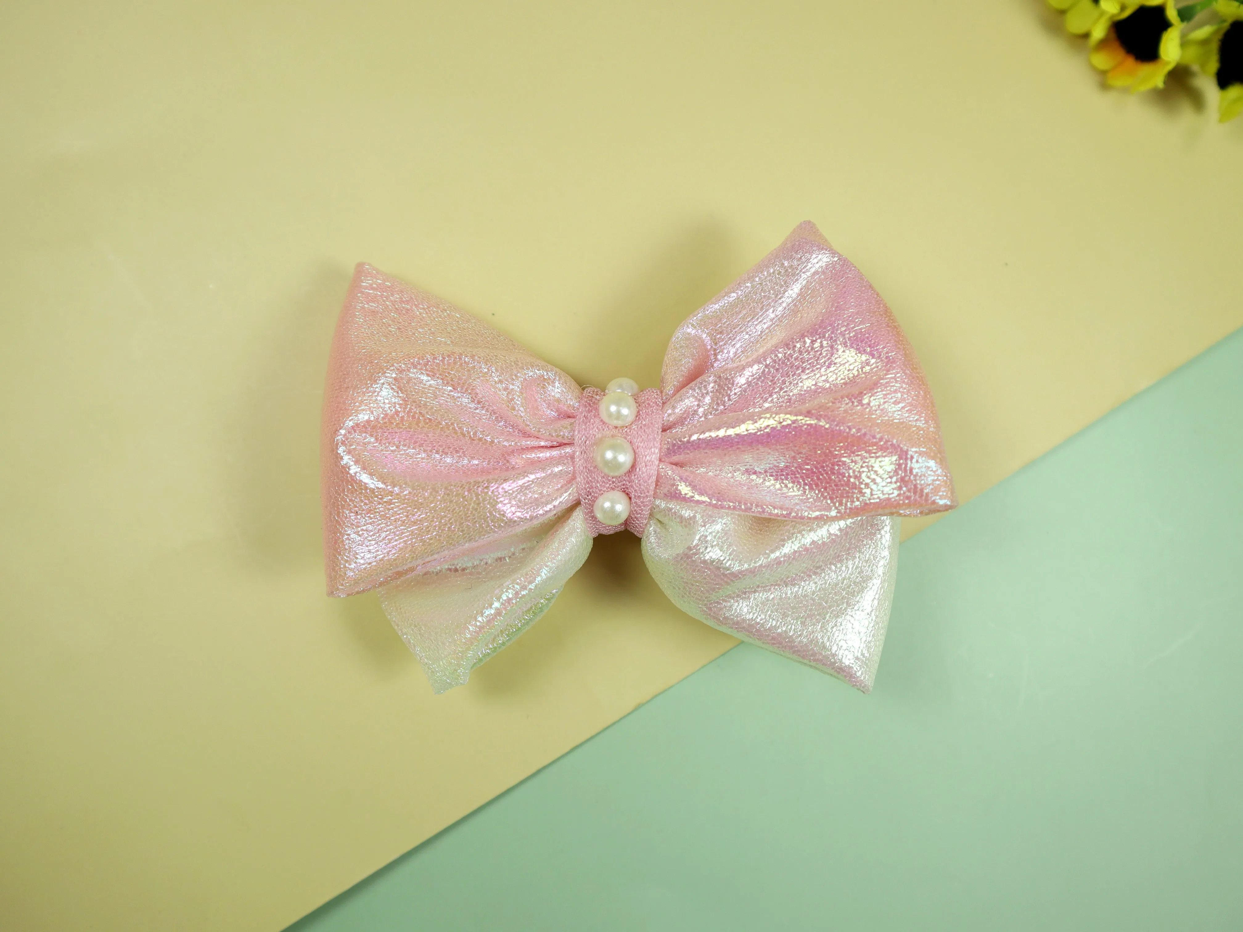 Kamule Shimmer Glittery Thick Fabric Bow set of 2-Neon Green and Pink