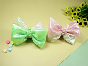 Kamule Shimmer Glittery Thick Fabric Bow set of 2-Neon Green and Pink