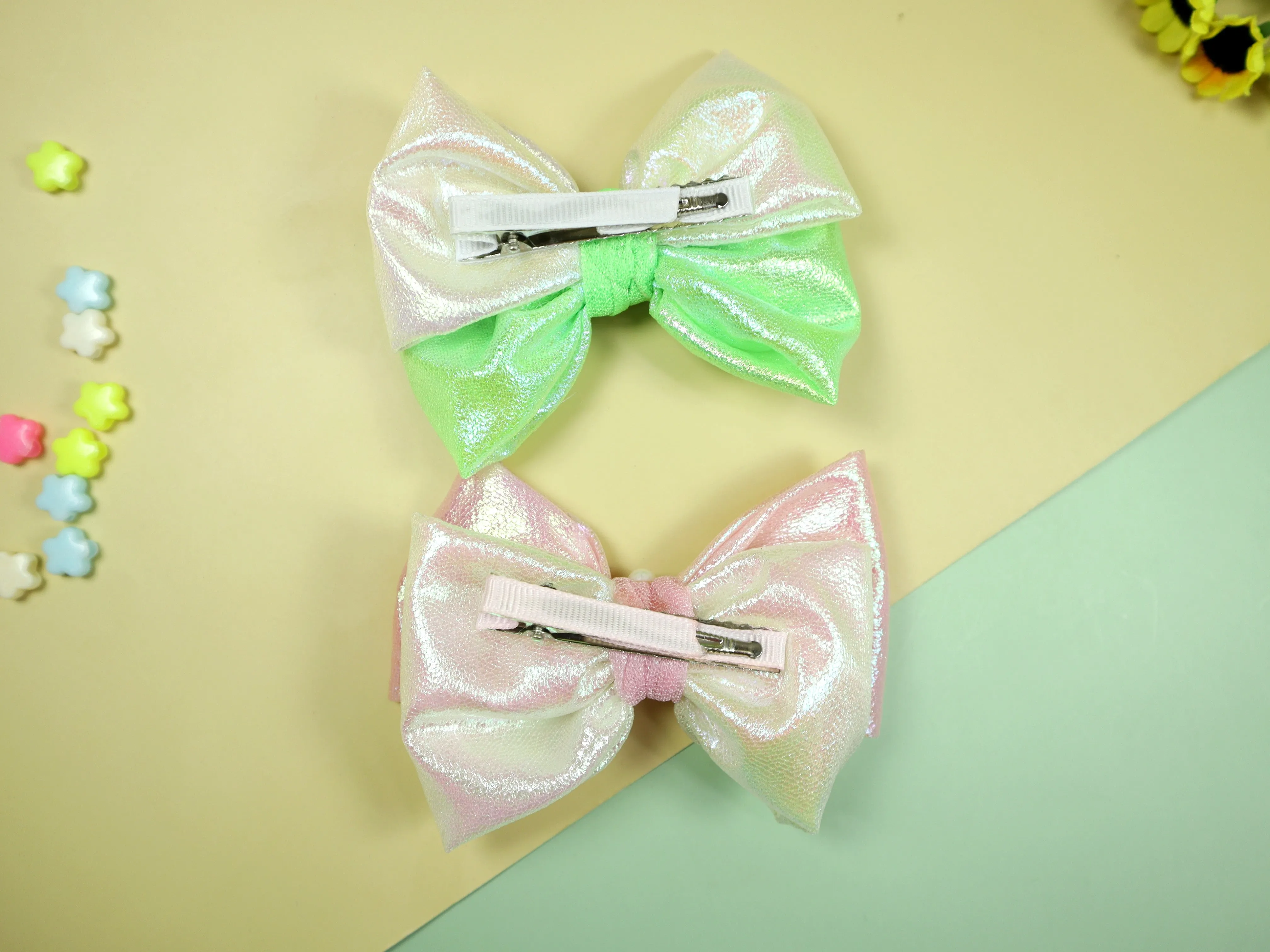 Kamule Shimmer Glittery Thick Fabric Bow set of 2-Neon Green and Pink