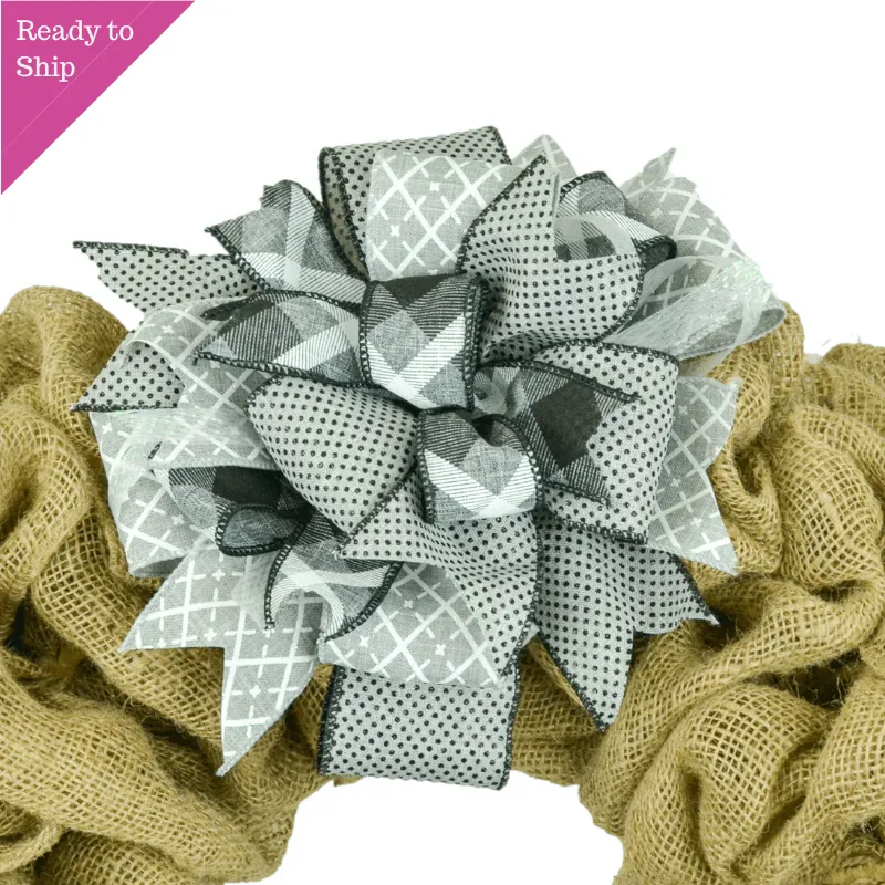 Lantern Wreath Bow - Burlap Wreath Embellishment for Making Your Own - Layered Full Handmade Farmhouse Already Made (Everyday (Grey/Black)