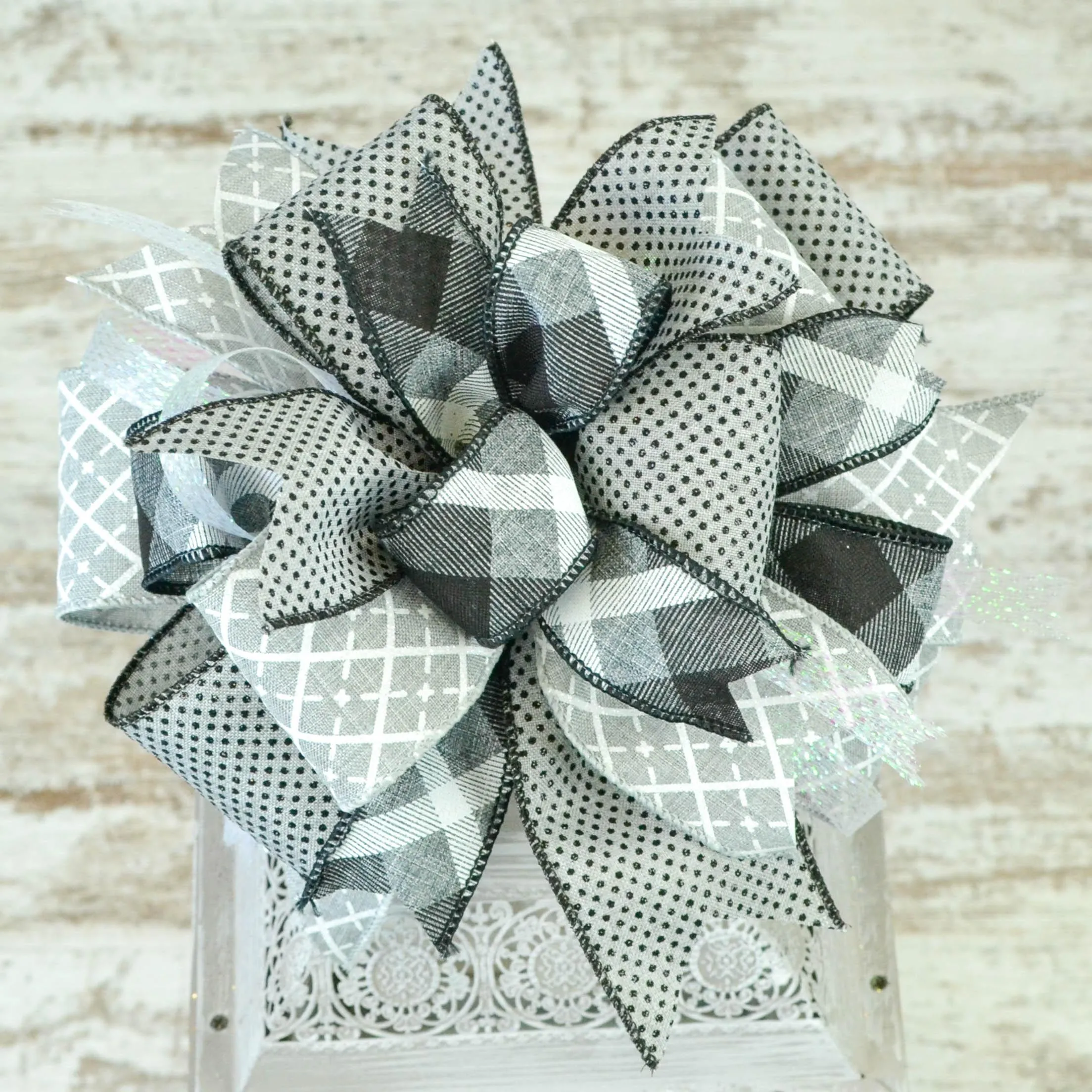 Lantern Wreath Bow - Burlap Wreath Embellishment for Making Your Own - Layered Full Handmade Farmhouse Already Made (Everyday (Grey/Black)