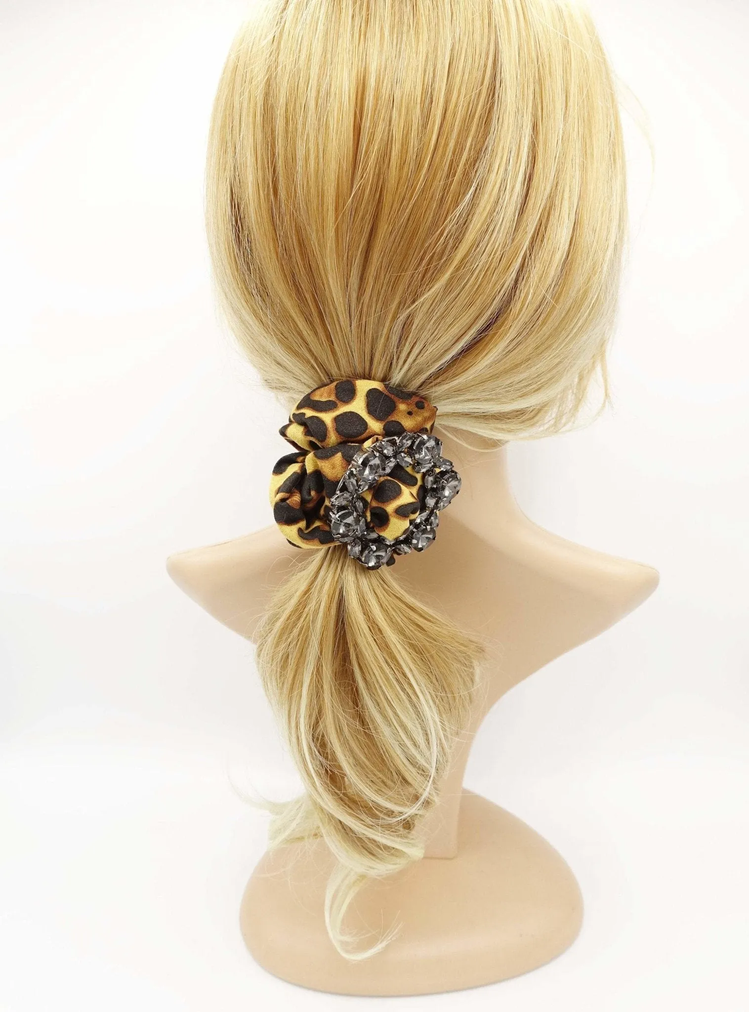 leopard scrunchies glass rhinestone  buckle embellished scrunchie