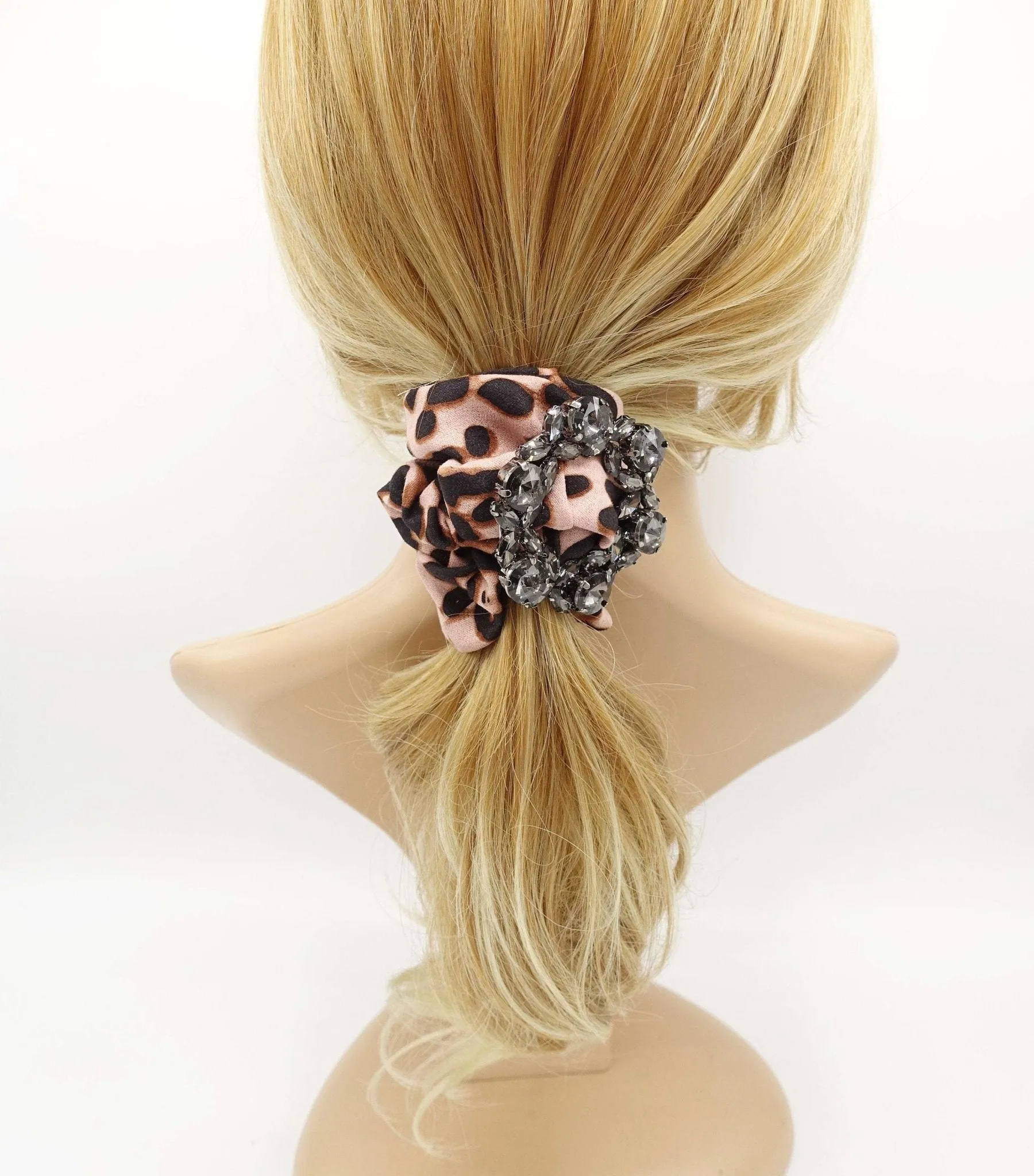 leopard scrunchies glass rhinestone  buckle embellished scrunchie