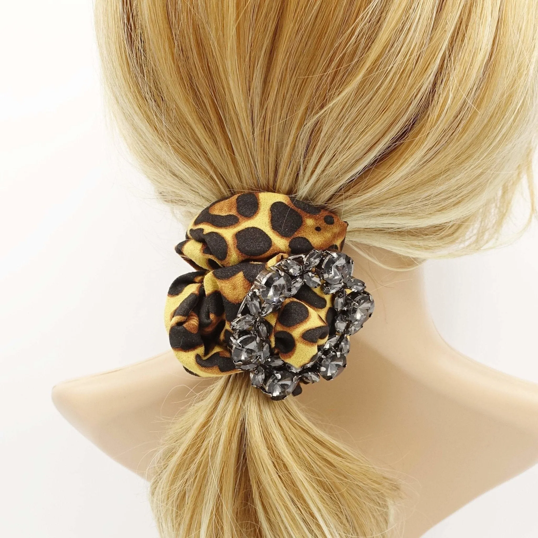 leopard scrunchies glass rhinestone  buckle embellished scrunchie