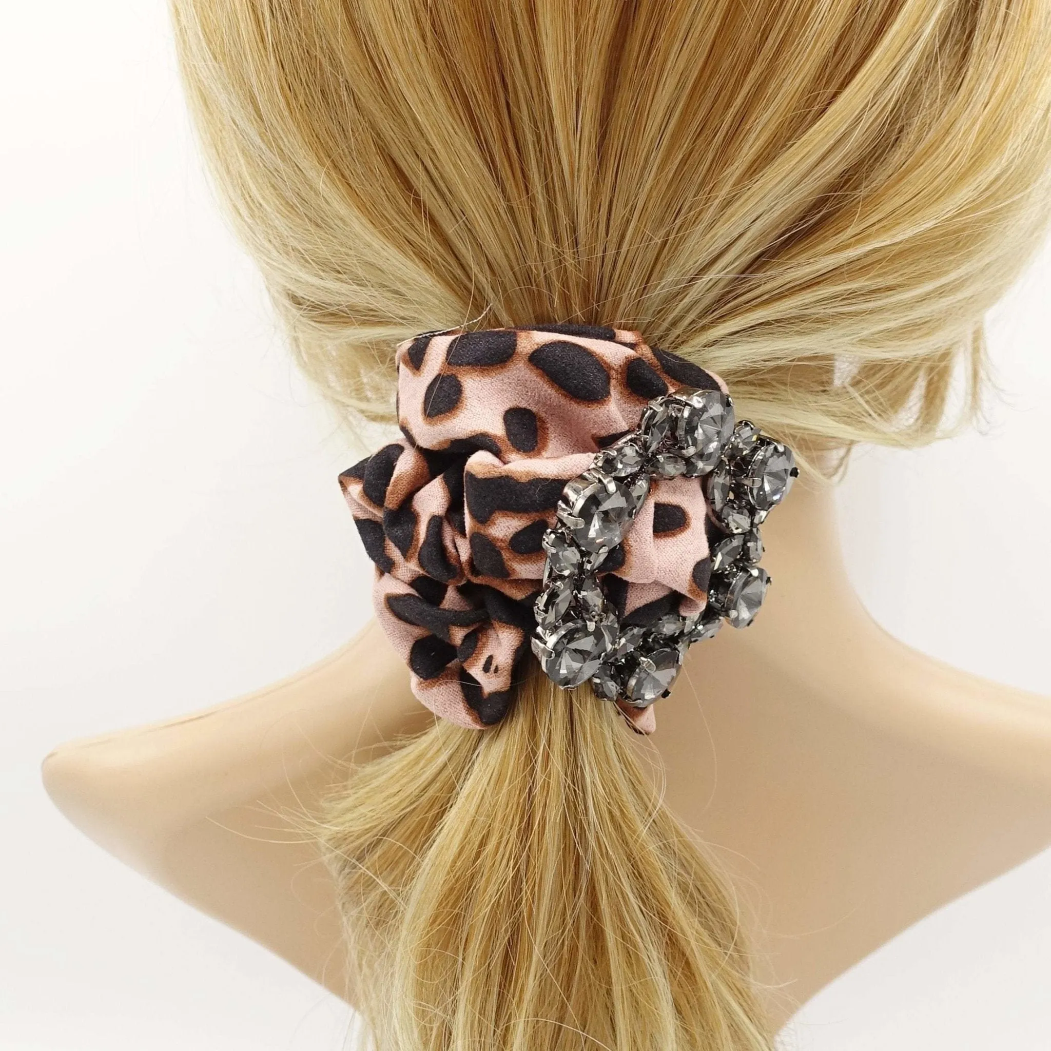 leopard scrunchies glass rhinestone  buckle embellished scrunchie