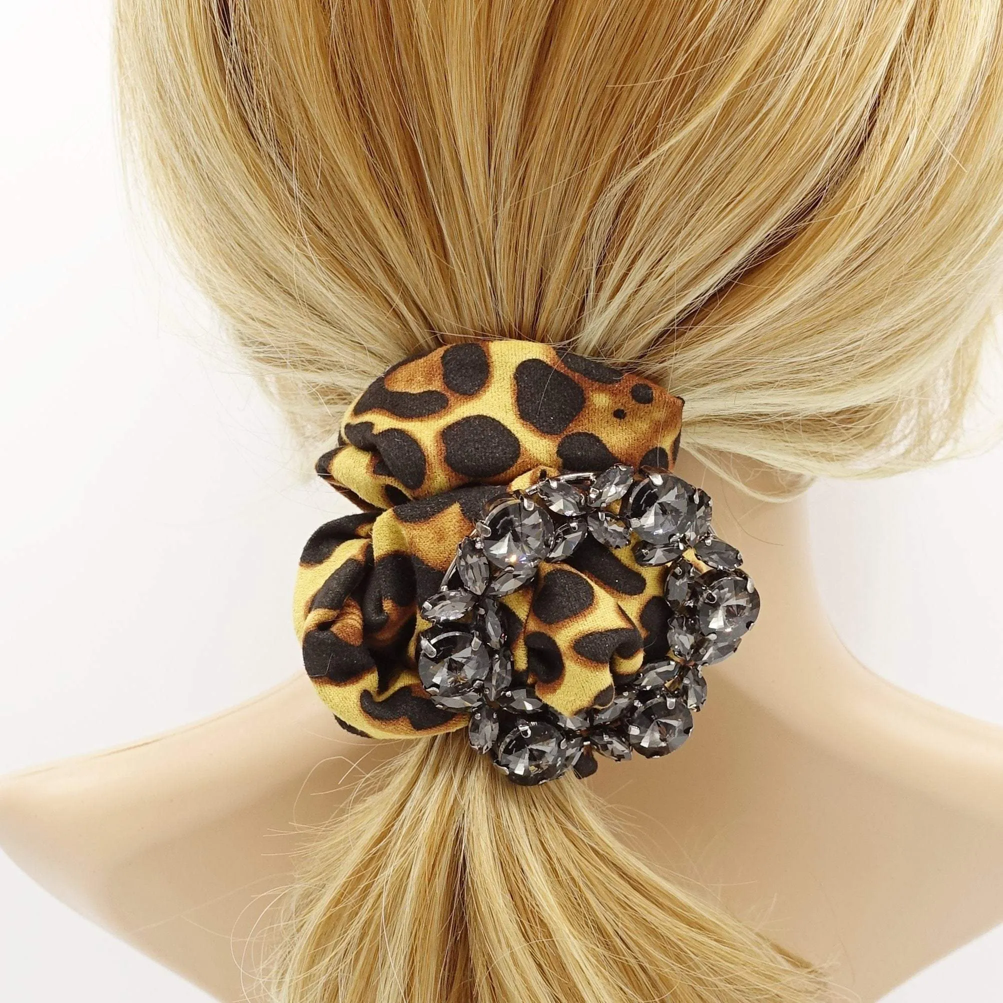 leopard scrunchies glass rhinestone  buckle embellished scrunchie