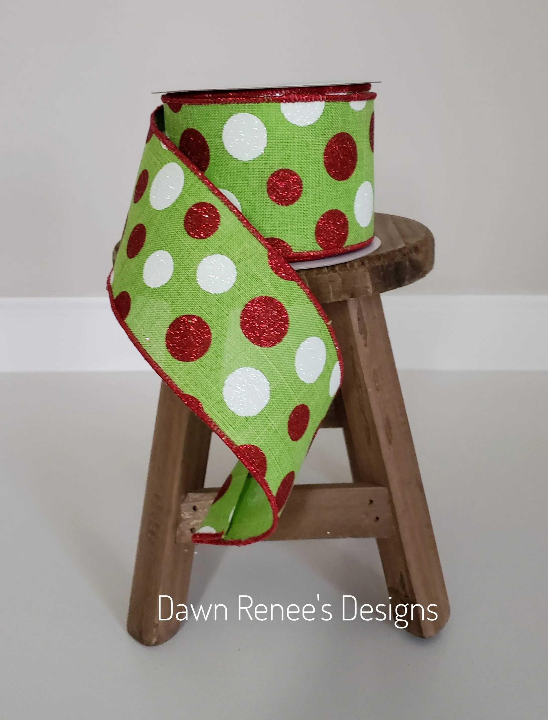 Lime Green Red White Polka Dot Ribbon, 2.5" X 10 Yds Christmas Ribbon