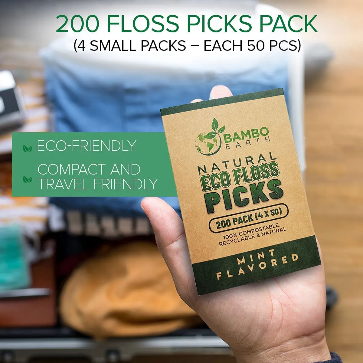 Natural Dental Floss Picks - Eco Friendly Cruelty Free Vegan Biodegradable Compostable BPA Free Zero Waste Packaging - 2 Sets 400 Pack