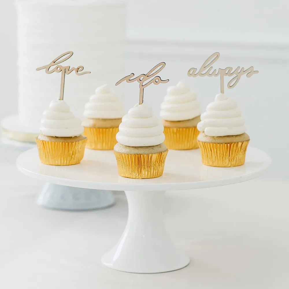 NATURAL WOOD CUPCAKE TOPPER PICKS - LOVE COLLECTION - SET OF 12