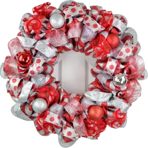 Red Christmas Wreath for Front Door, Silver and White