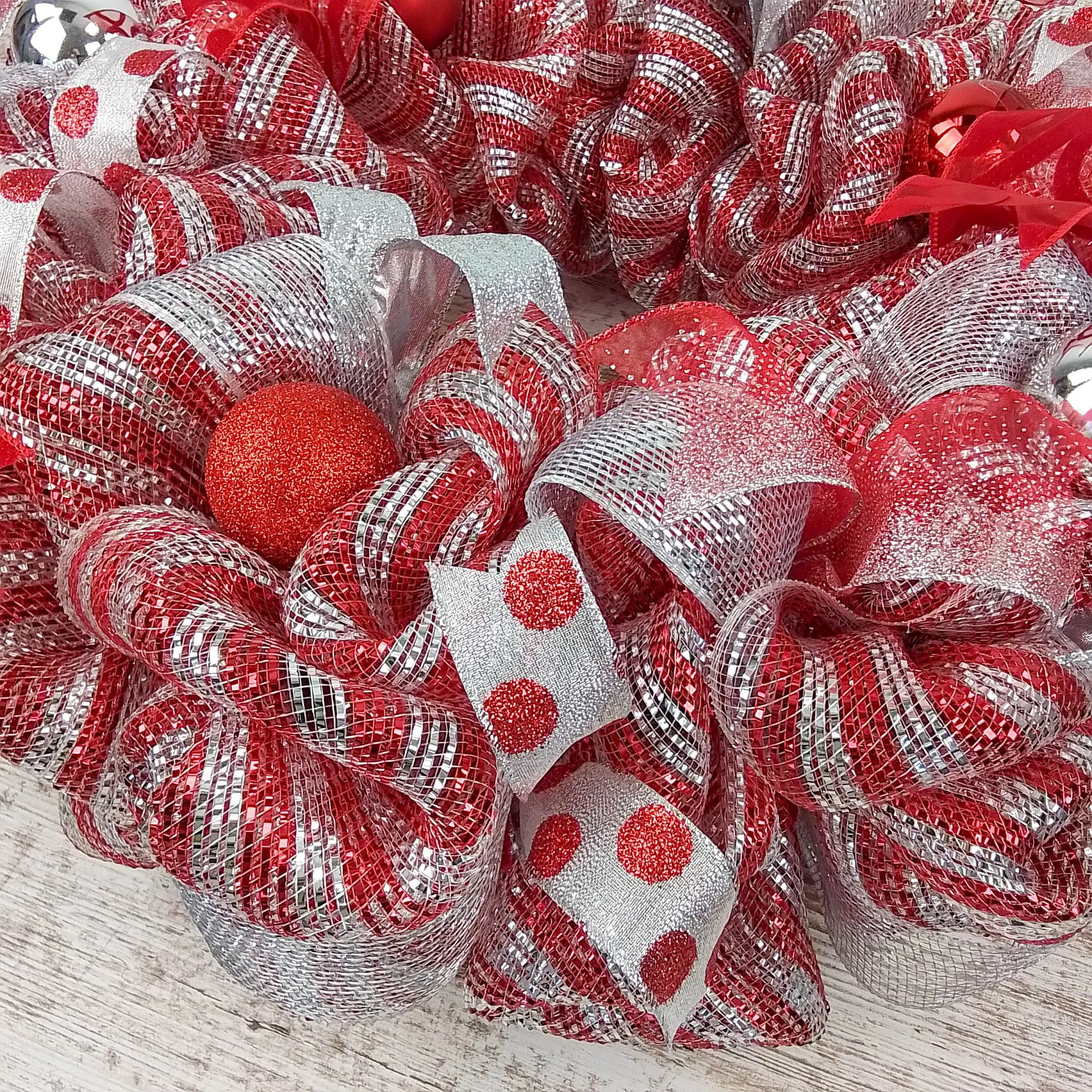 Red Christmas Wreath for Front Door, Silver and White