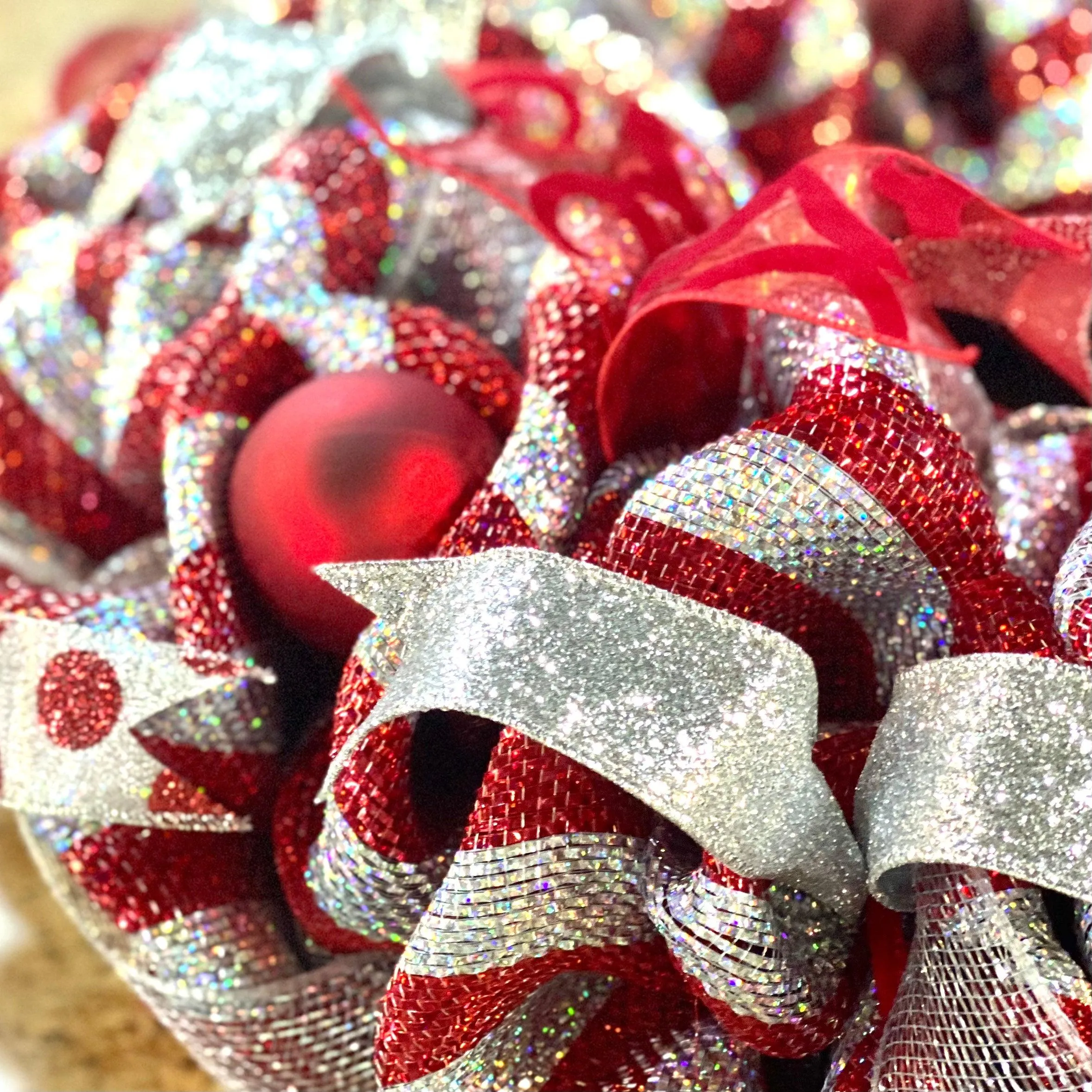 Red Christmas Wreath for Front Door, Silver and White