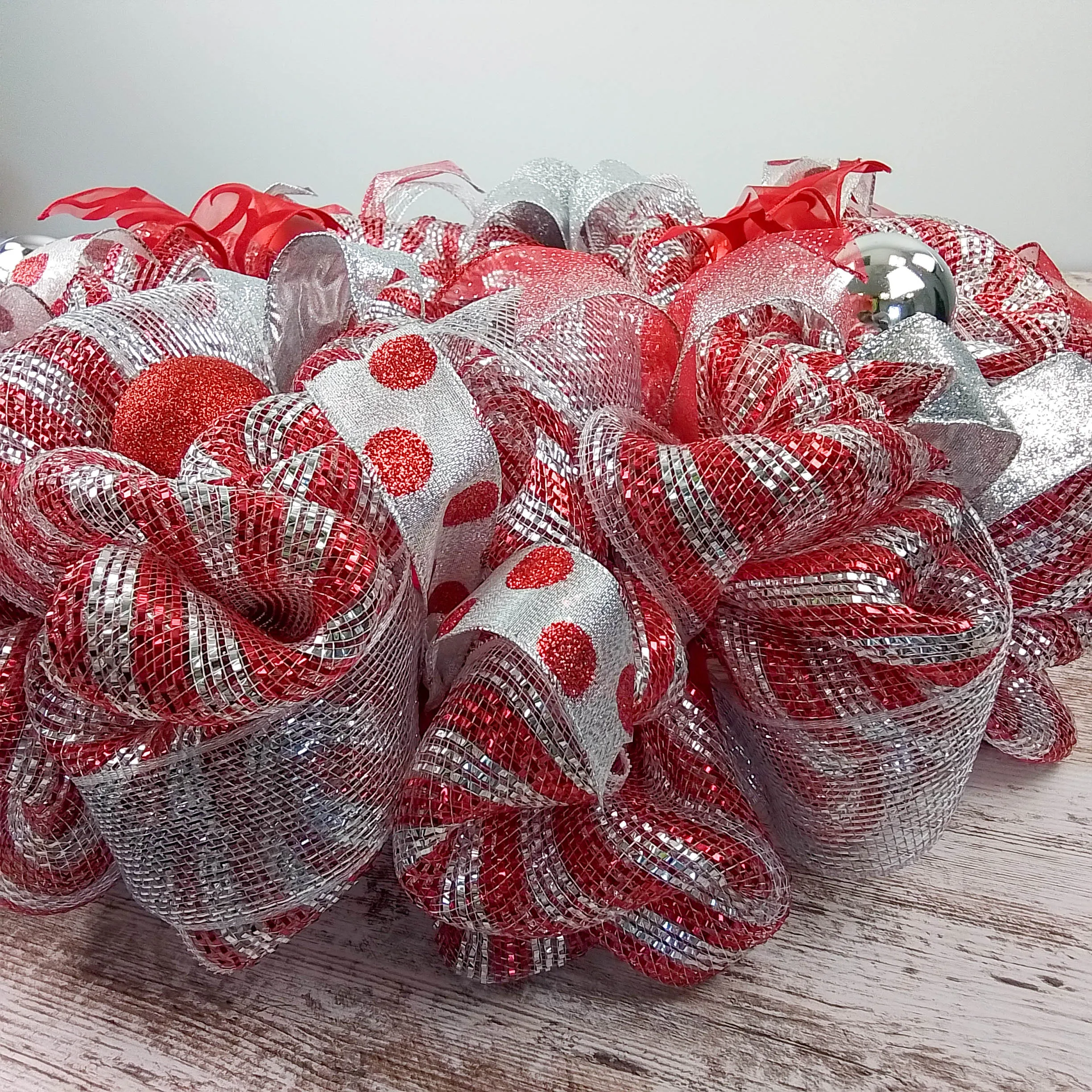 Red Christmas Wreath for Front Door, Silver and White