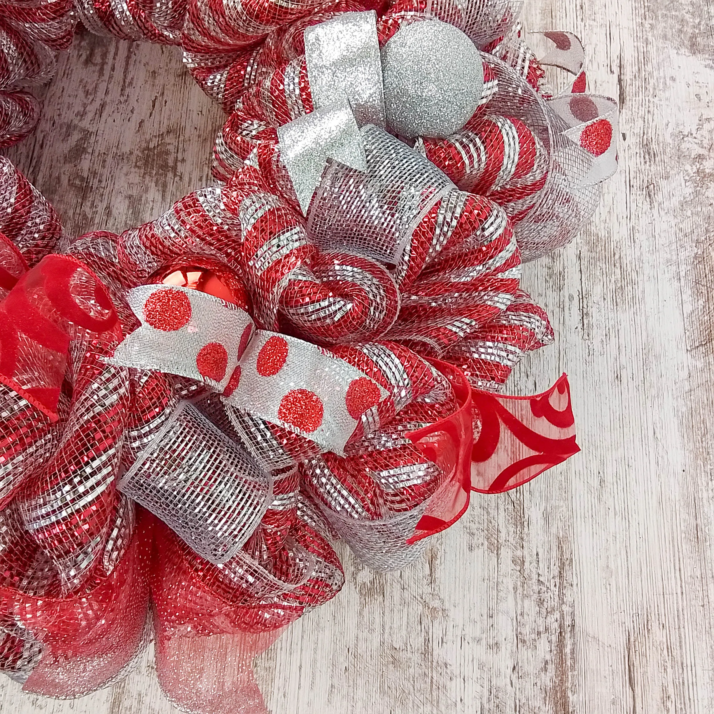 Red Christmas Wreath for Front Door, Silver and White