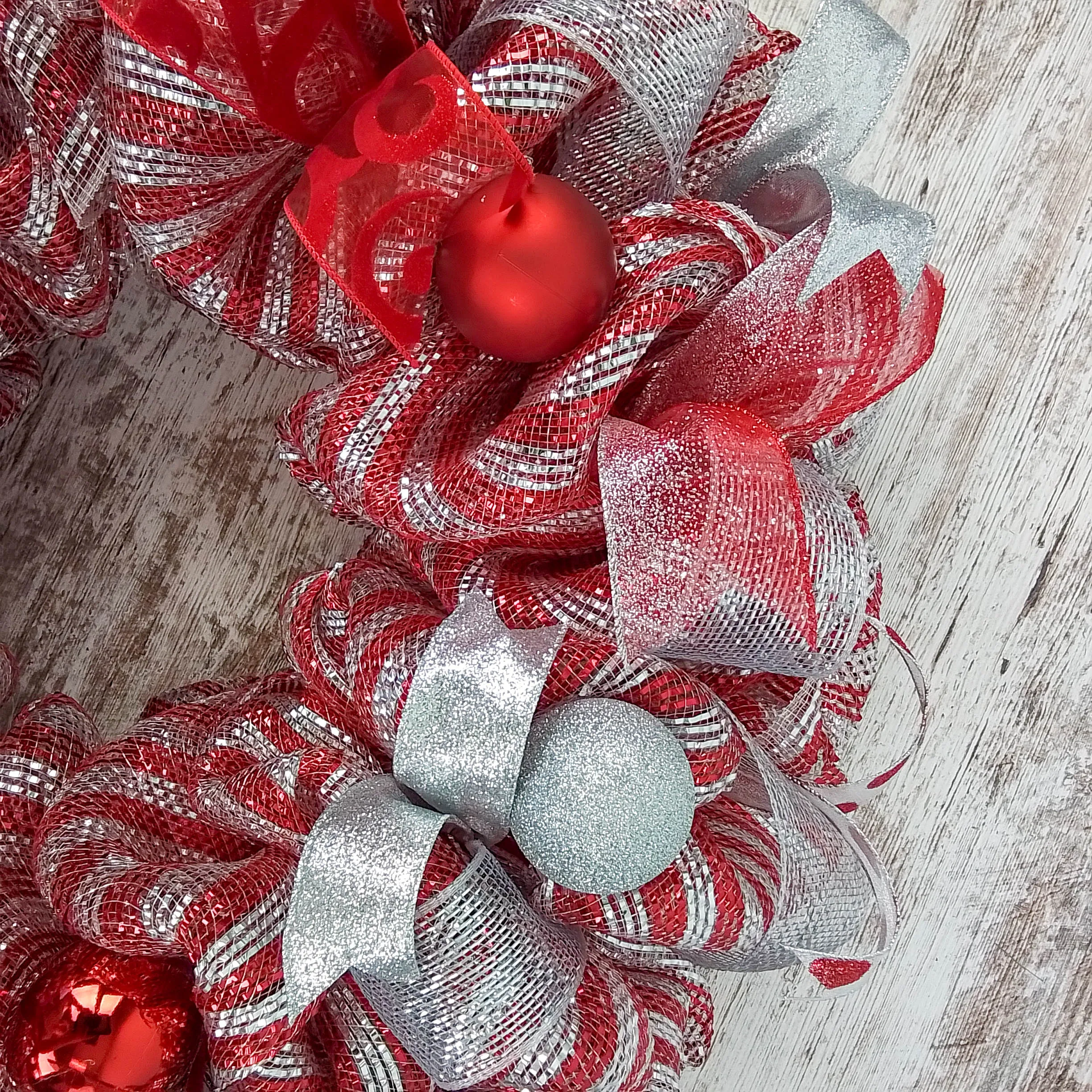 Red Christmas Wreath for Front Door, Silver and White